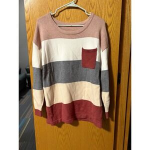 Striped Colorblock Pocket Sweater Womens Small Pink Cream Grey Burgundy Knit